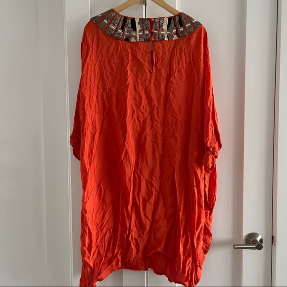 Deep Orange caftan style tunic blouse with intricate heavy collar embellishment - Picture 11 of 13